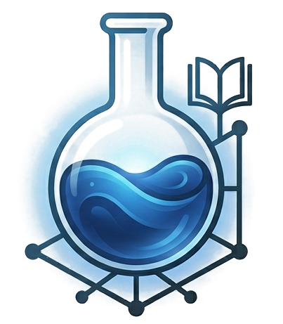 Mana Labs mark: a glowing potion flask on a molecular stand beside an open book